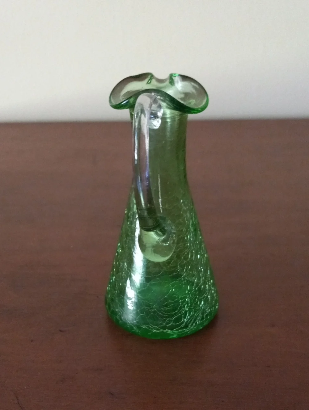 Green Crackle Art Glass Pitcher Vase with Clear Handle